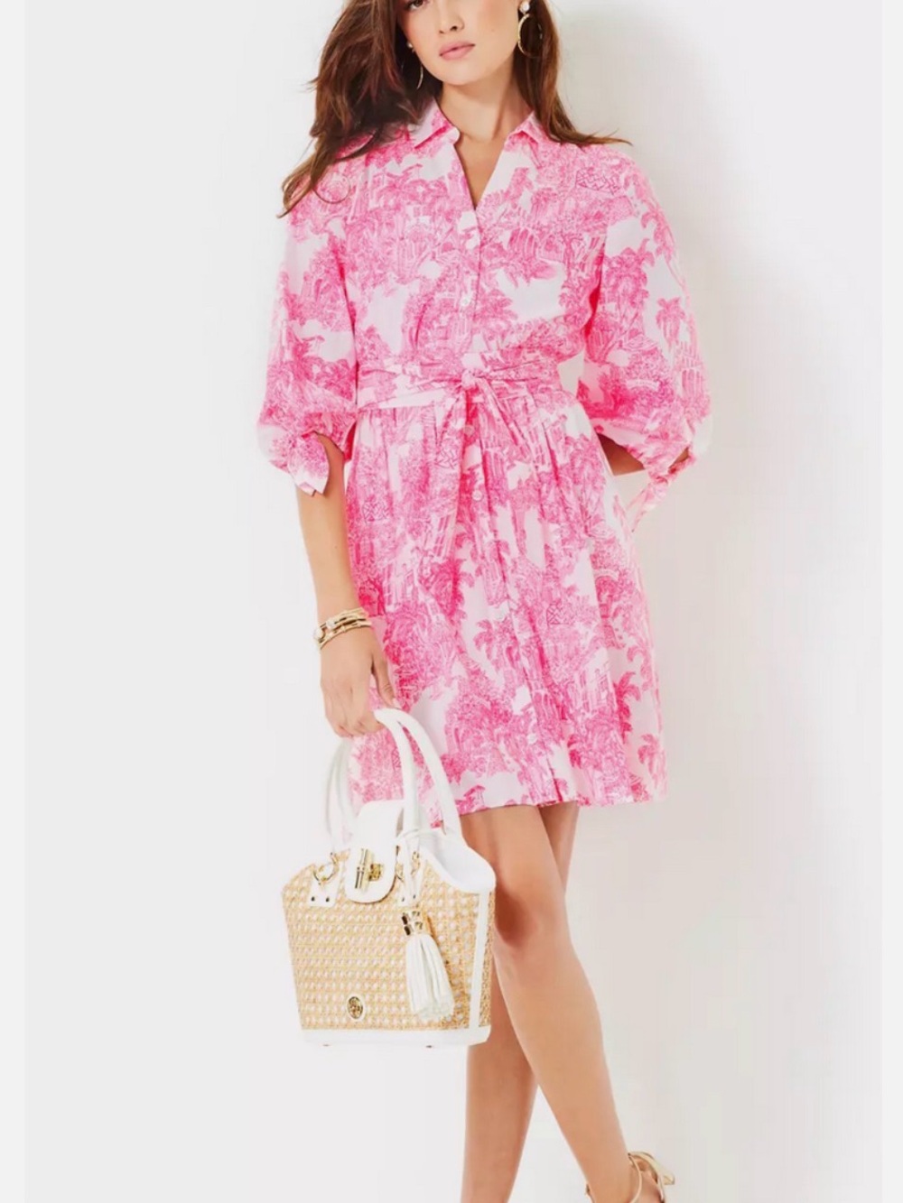 NWT Lilly Pulitzer Pink Anniversary Toile Print Tie Waist Palm Beach Dress sz 6 - Picture 4 of 8